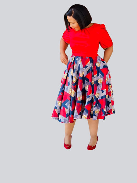 S4.1 Full Circle A-line Midi Skirt Swing - African print with red & navy