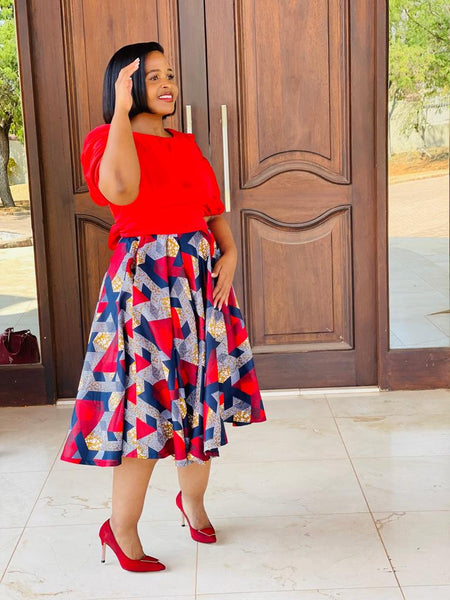 S4.1 Full Circle A-line Midi Skirt Swing - African print with red & navy