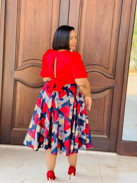 S4.1 Full Circle A-line Midi Skirt Swing - African print with red & navy