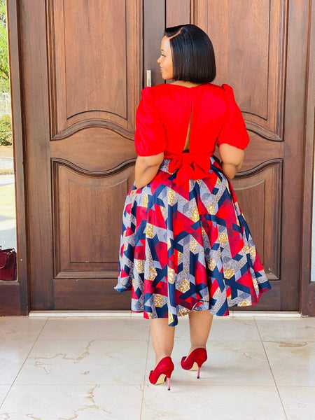 S4.1 Full Circle A-line Midi Skirt Swing - African print with red & navy