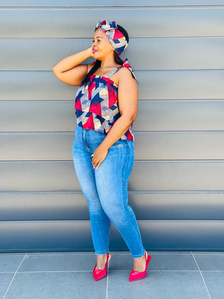 T8.1 Double Layer Top - African print with red & navy