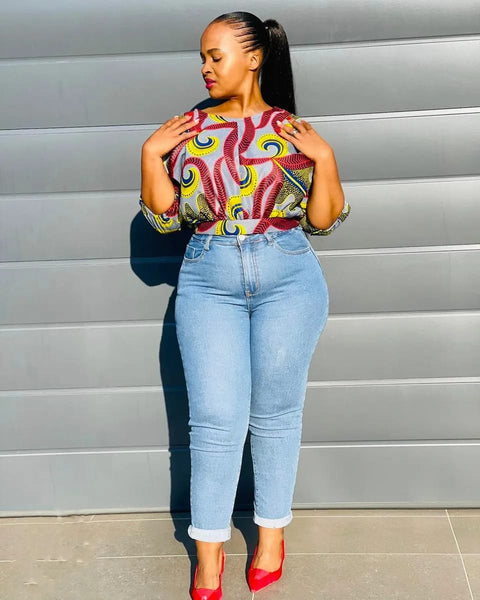 T9.1 Waist Gathered Crop Top - Multicolored African print