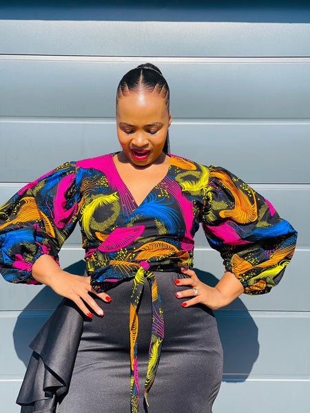 T11.1 Wrap Around Cropped Top- Multicolored African print