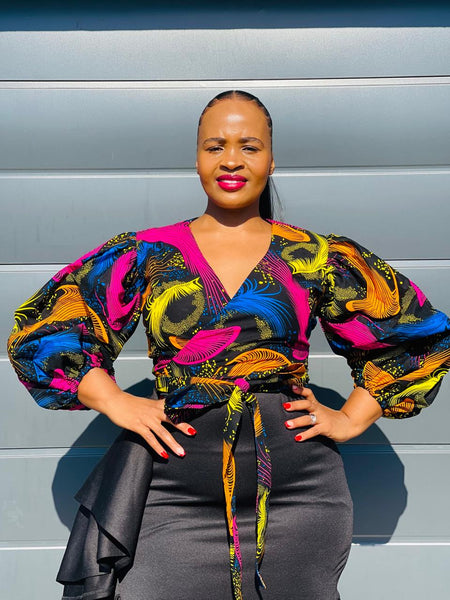 T11.1 Wrap Around Cropped Top- Multicolored African print