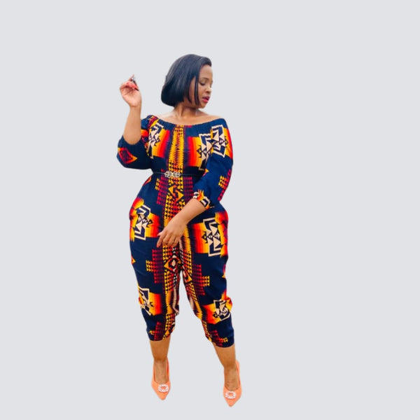JS1.4 Elastic neck Jump Suit - Multicolored African print with navy, red, yellow, mustard
