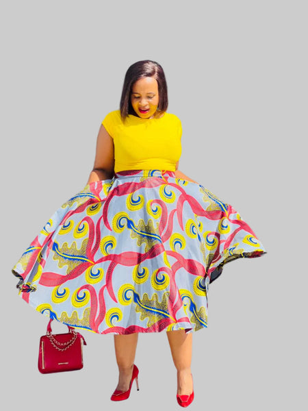 S4.3 Full Circle A-line Midi Skirt Swing - Multicolored African print