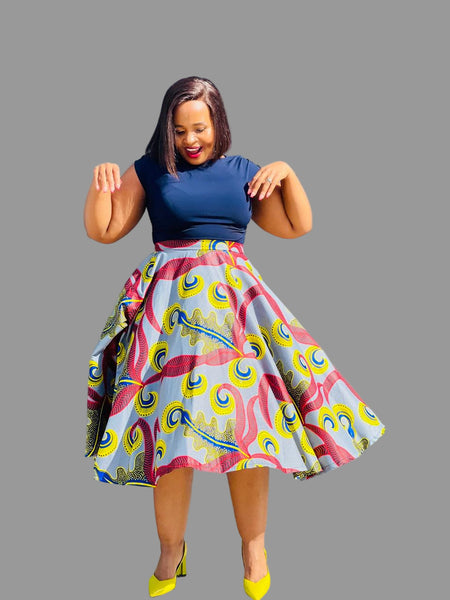 S4.3 Full Circle A-line Midi Skirt Swing - Multicolored African print