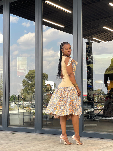 D17.1 - Fit & Flare with Asymmetric skirt (Mustard-marigold Bodice & Shweshwe print skirt)