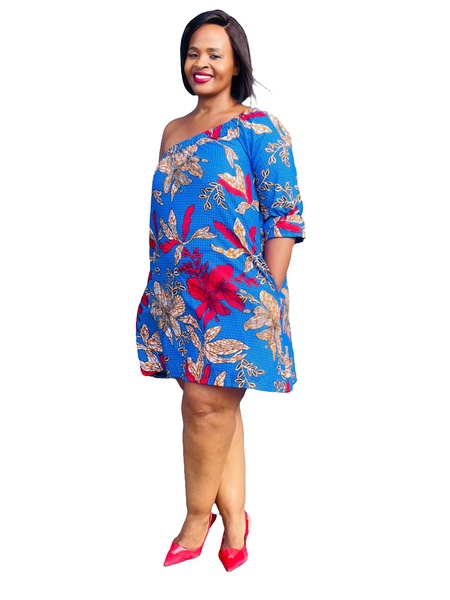 D13.2 - One Hand Mini dress (Blue African print with red & brown flowers)