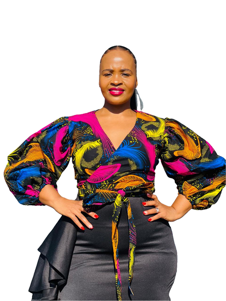 T11.1 Wrap Around Cropped Top- Multicolored African print