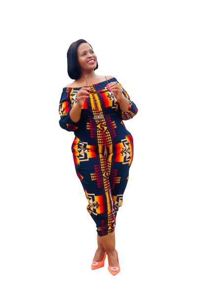 JS1.4 Elastic neck Jump Suit - Multicolored African print with navy, red, yellow, mustard