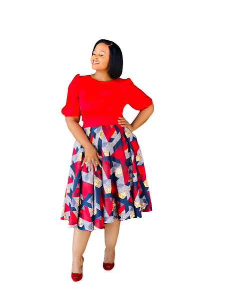 S4.1 Full Circle A-line Midi Skirt Swing - African print with red & navy