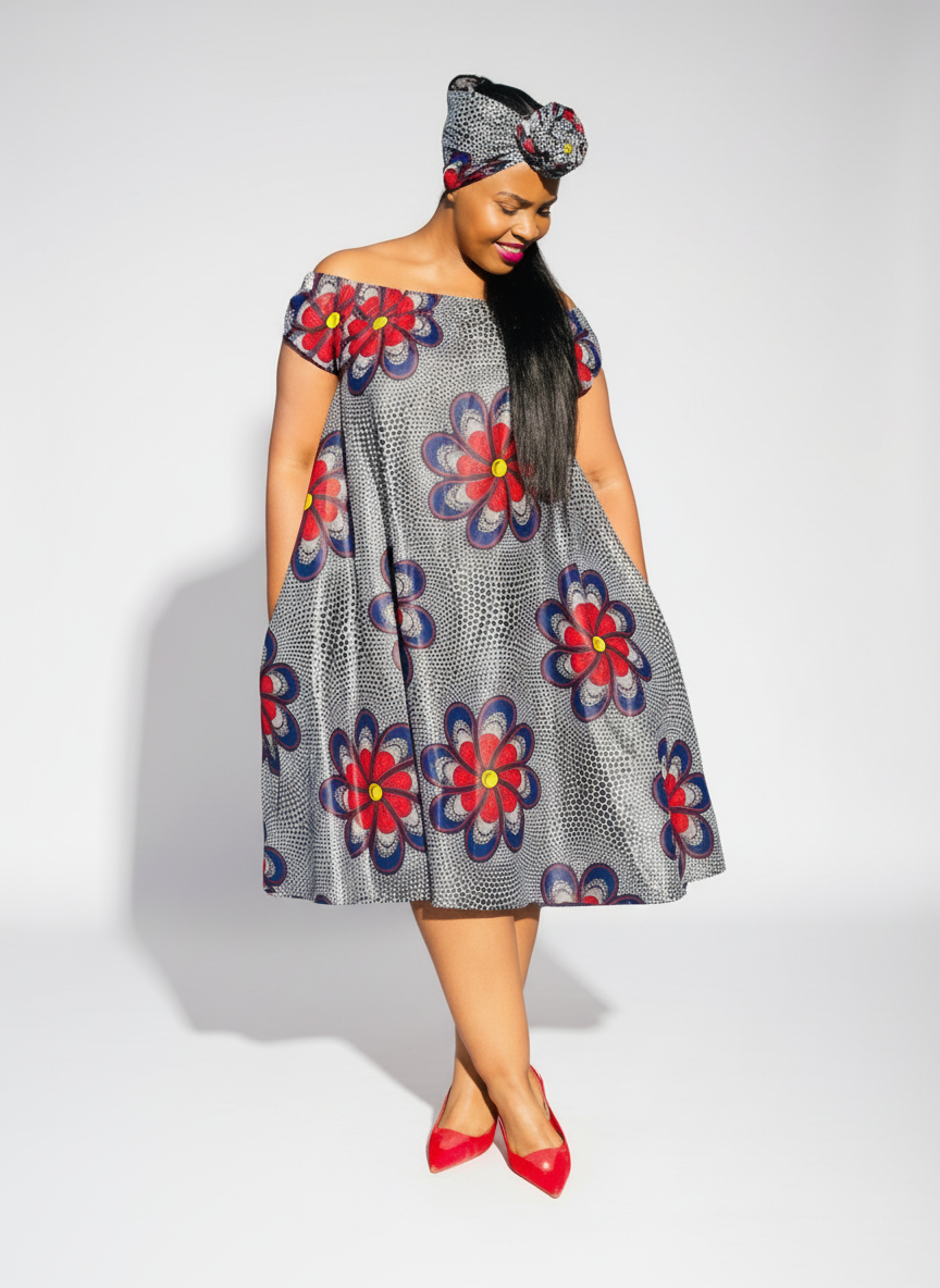 D16.1 - Off Shoulder Circle Midi Dress with elastic neck (Flower