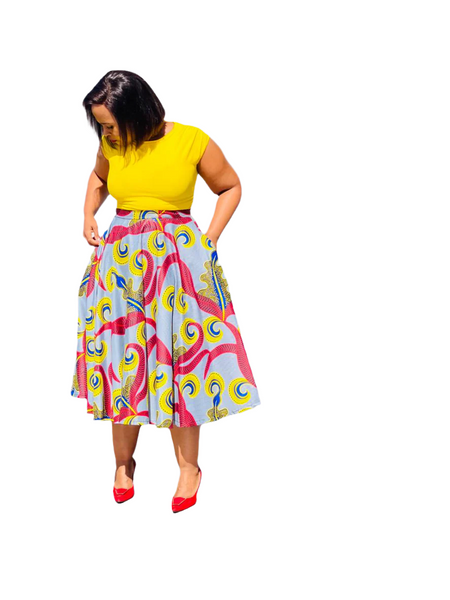 S4.3 Full Circle A-line Midi Skirt Swing - Multicolored African print