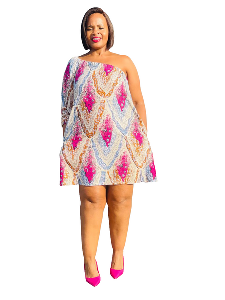 D13.3 - One Hand Mini dress (Fawn African print with a touch of pink, brown, blue & black)