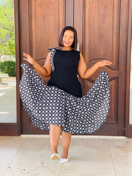 D17.2 - Fit & Flare with Asymmetric skirt (Black bodice with Black & white African print skirt)