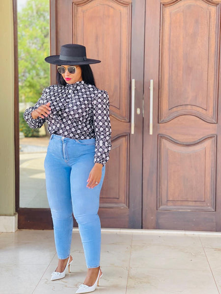 T14.2 Cross Over Long Sleeve Blouse - Black & White African Print