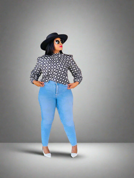 T14.2 Cross Over Long Sleeve Blouse - Black & White African Print