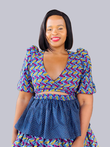 T5.1 Reversible Cropped Wrap Top - Shweshwe print
