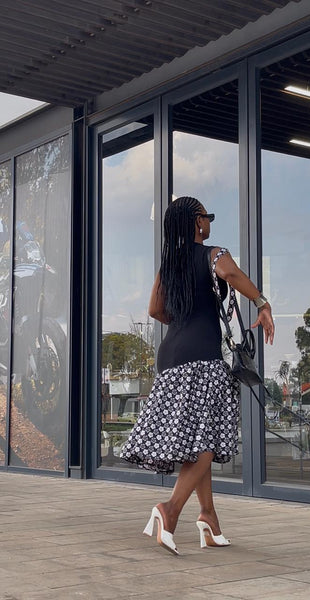 D17.2 - Fit & Flare with Asymmetric skirt (Black bodice with Black & white African print skirt)