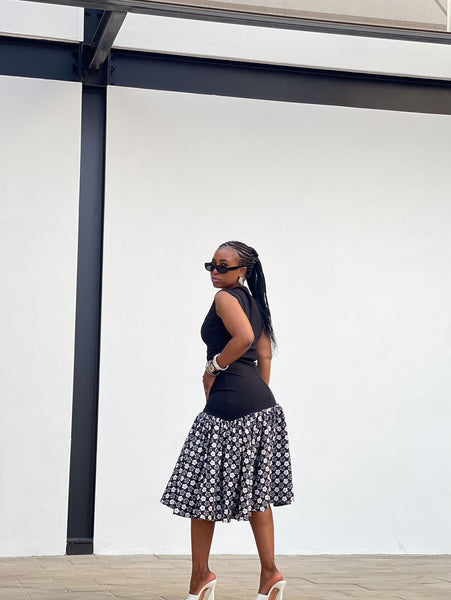D17.2 - Fit & Flare with Asymmetric skirt (Black bodice with Black & white African print skirt)