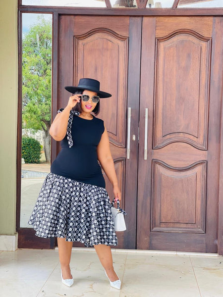 D17.2 - Fit & Flare with Asymmetric skirt (Black bodice with Black & white African print skirt)