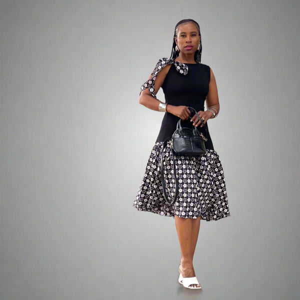 D17.2 - Fit & Flare with Asymmetric skirt (Black bodice with Black & white African print skirt)