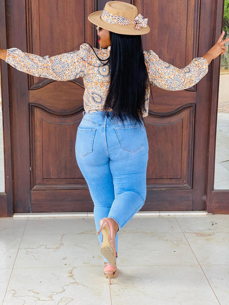 T14.1 Cross Over Long Sleeve Blouse - Shweshwe Print