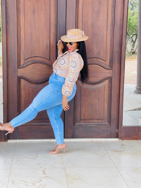 T14.1 Cross Over Long Sleeve Blouse - Shweshwe Print