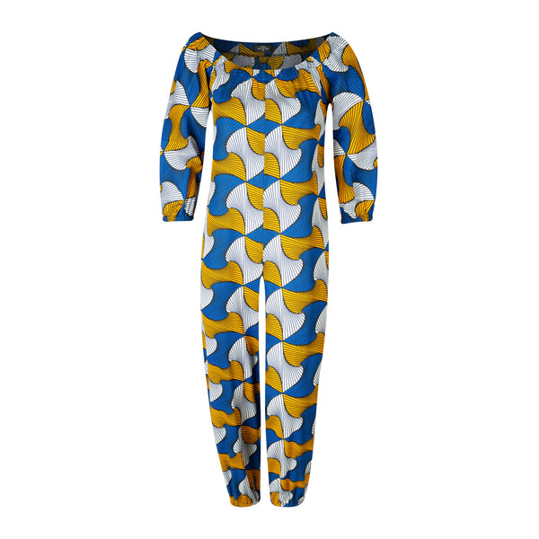 JS1.1 Elastic neck Jump Suit - African print blue
