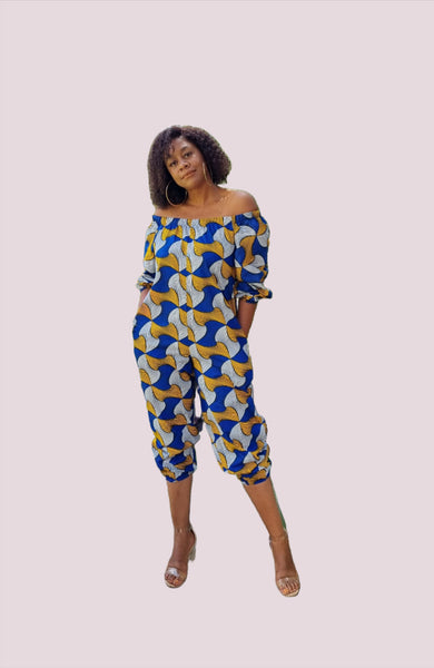 JS1.1 Elastic neck Jump Suit - African print blue