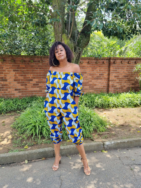 JS1.1 Elastic neck Jump Suit - African print blue