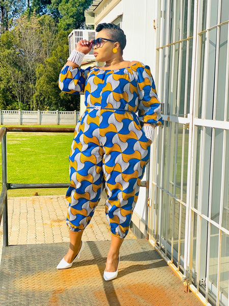 JS1.1 Elastic neck Jump Suit - African print blue