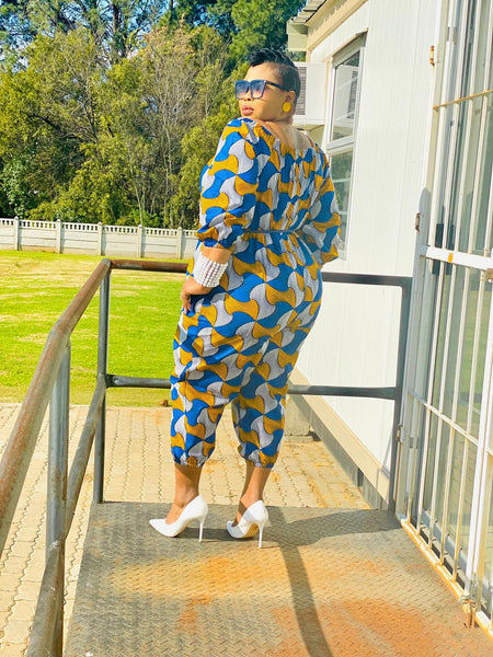 JS1.1 Elastic neck Jump Suit - African print blue