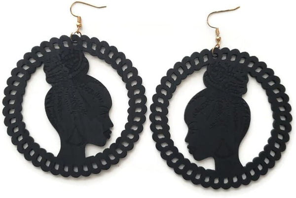 AE 25.1 Circle Laser Cut Wooden African Lady with Braids Earrings