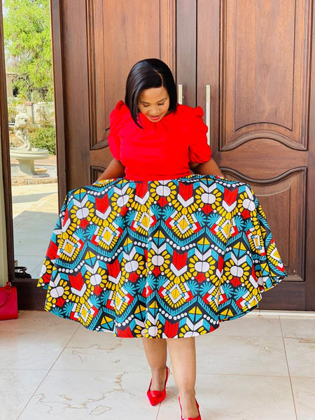 S4.2 Full Circle A-line Midi Skirt Swing - Multicolored African print