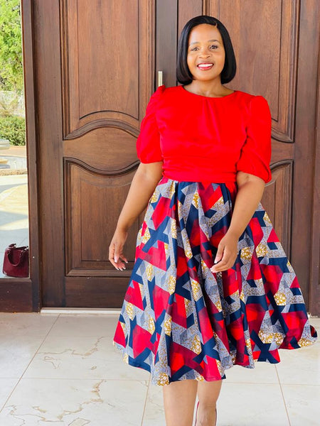 S4.1 Full Circle A-line Midi Skirt Swing - African print with red & navy