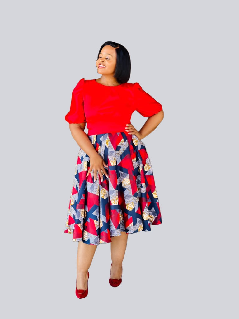 S4.1 Full Circle A-line Midi Skirt Swing - African print with red