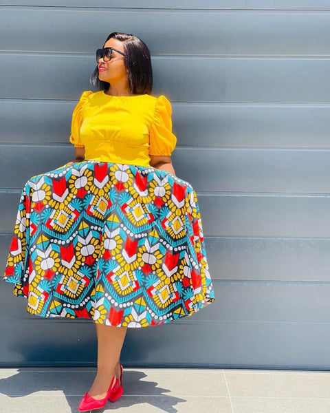 S4.2 Full Circle A-line Midi Skirt Swing - Multicolored African print
