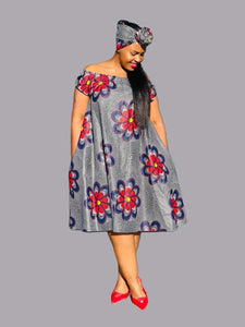 D16.1 - Off Shoulder Circle Midi Dress with elastic neck (Flower African Print) [WITH DOEK]