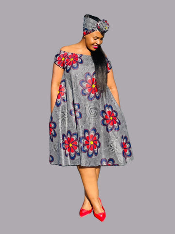 D16.1 - Off Shoulder Circle Midi Dress with elastic neck (Flower African Print) [NO DOEK]