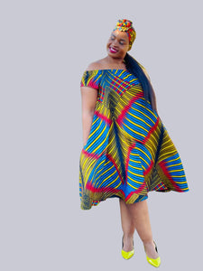 D16.2 - Off Shoulder Circle Midi Dress with elastic neck (Multicolored African Print) [NO DOEK]