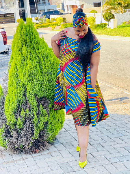 D16.2 - Off Shoulder Circle Midi Dress with elastic neck (Multicolored African Print) [WITH DOEK]