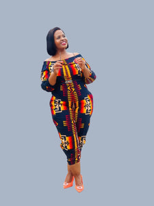 JS1.4 Elastic neck Jump Suit - Multicolored African print with navy, red, yellow, mustard