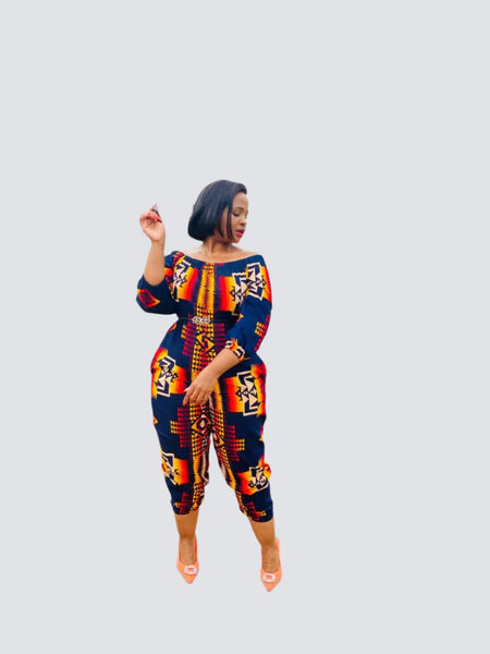 JS1.4 Elastic neck Jump Suit - Multicolored African print with navy, red, yellow, mustard