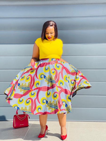 S4.3 Full Circle A-line Midi Skirt Swing - Multicolored African print