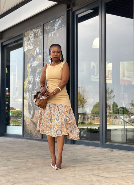 D17.1 - Fit & Flare with Asymmetric skirt (Mustard-marigold Bodice & Shweshwe print skirt)