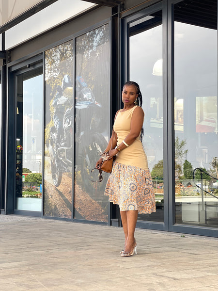 D17.1 - Fit & Flare with Asymmetric skirt (Mustard-marigold Bodice & Shweshwe print skirt)