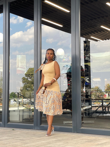 D17.1 - Fit & Flare with Asymmetric skirt (Mustard-marigold Bodice & Shweshwe print skirt)