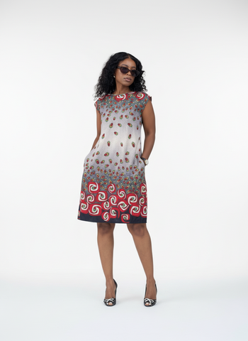 D18.1 - Sleeveless Shift Dress - Red teardrop motifs